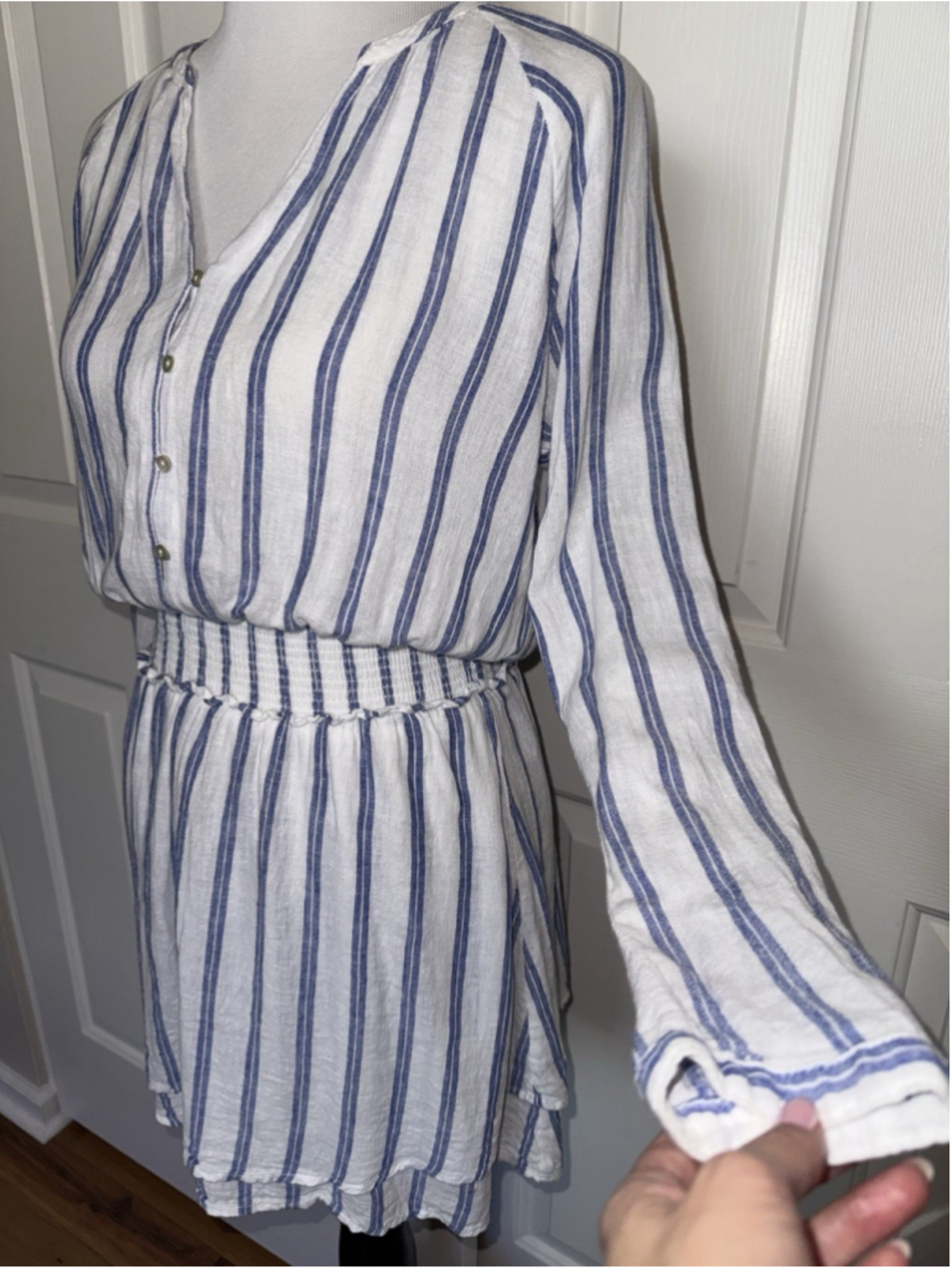 Rails Jasmine Stripe Smoked Waist Mini Dress Blue White Coastal Boho Resort XS - Picture 4 of 11